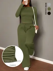 Women's Fitted Long Sleeve Top + High Waist Drawstring Wide Leg Pants Set, Sporty Casual Style, Slimming Versatile, Sweatsuit Set, Sweatsuit Matching Set