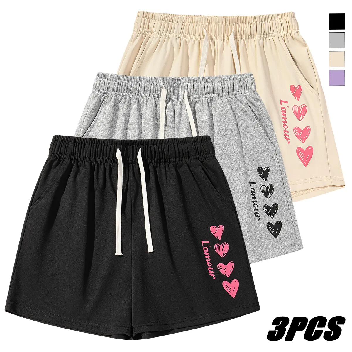 Women's Lightweight Graphic Heart Print Activewear Shorts - Drawstring Waist, Pockets, Cute Summer Athletic Bottoms