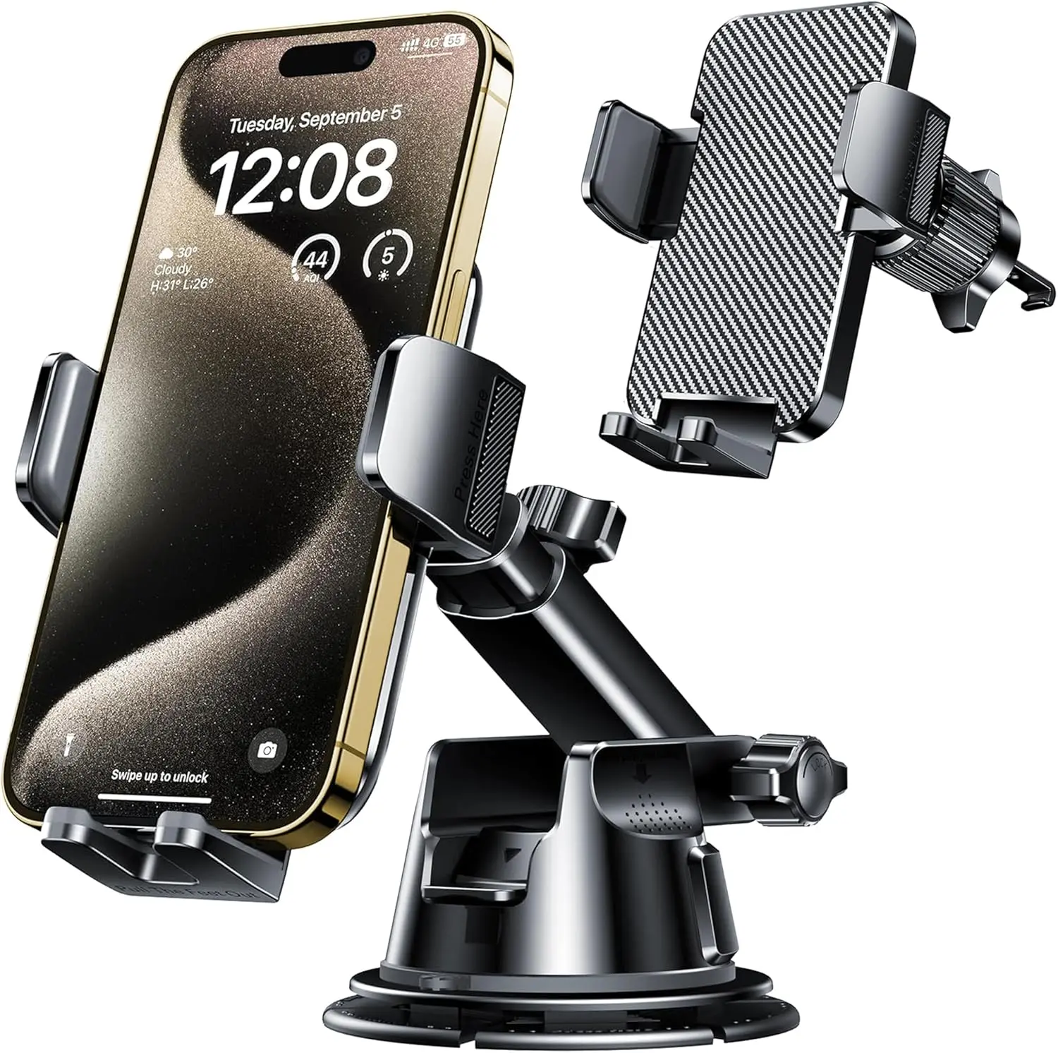 Universal Car Phone Holder - Rubber, Heat-Resistant TPU, Adjustable Arm, 360-Degree Rotating Ball Joint, Dash-Windshield-Air Vent-Desk Mounts for 4.0-7.1 Inches iPhone & Smartphones