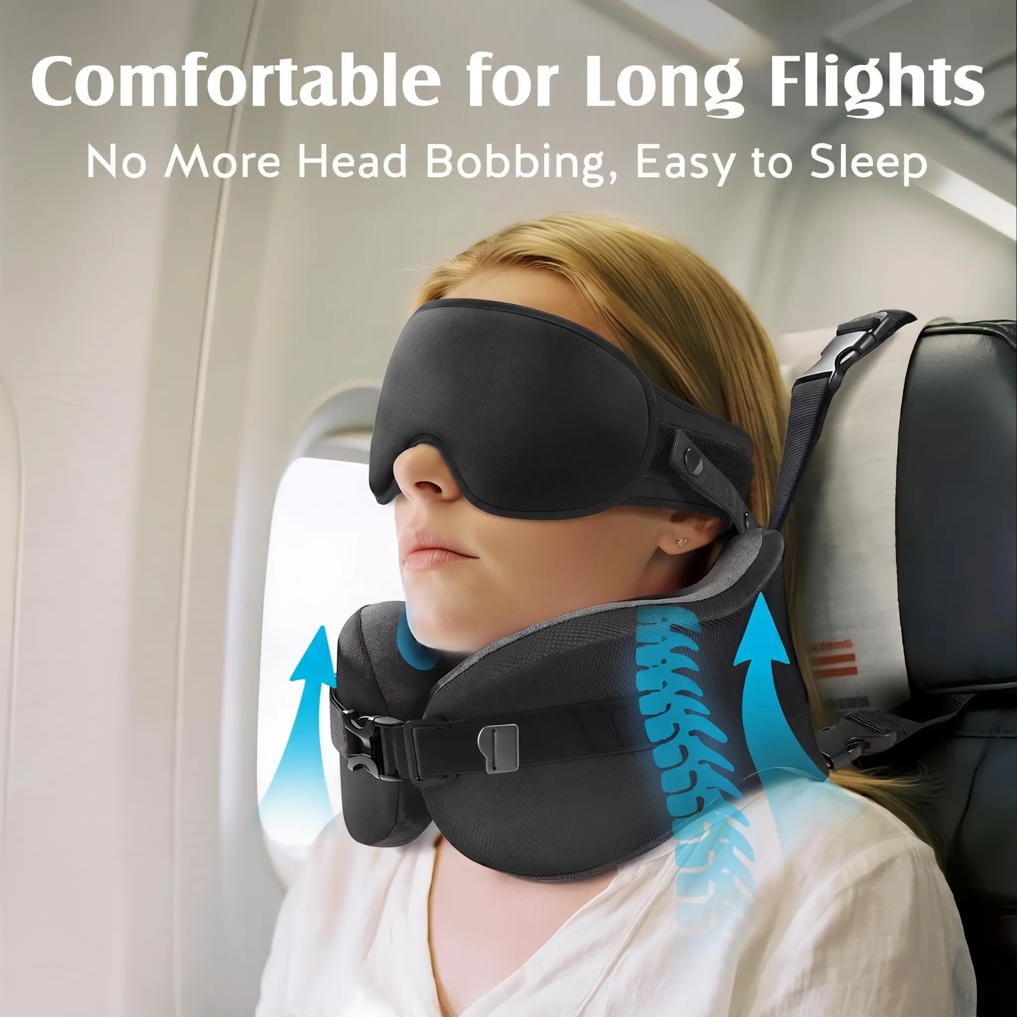 YFONG Travel Neck Cushion - 3D Sculpted Memory Foam Airplane Travel Accessory with 3D Contoured Sleep Eye Mask, Head Strap, 360° Support, Drawstrap, Neck Care, Prevent Bobbing (Black), Supportive Head Cushion