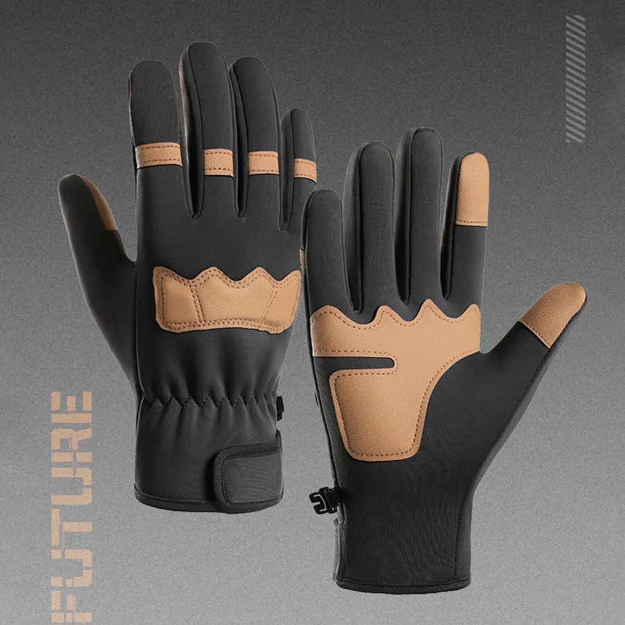 Brown Patch Touch Screen Outdoor Gloves, Wear-Resistant Leather Palm Cycling & Hiking Gloves