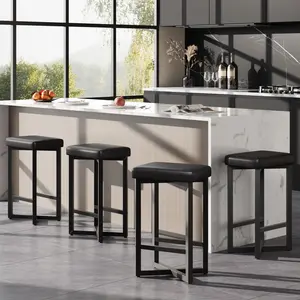 Garvee Set of 4 modern bar stools, upholstered with black PU leather seats, metal frame with footrest, 62.5 cm high, backless design, ideal for kitchen islands, home bars, and dining areas.