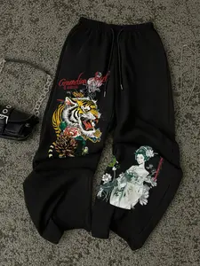 Unisex Casual Straight Leg Pants, Casual Streetwear Trousers, Japanese Tattoo Art Street Style Print Sweatpants with Tiger Symbol, All Seasons Fashion Streetwear