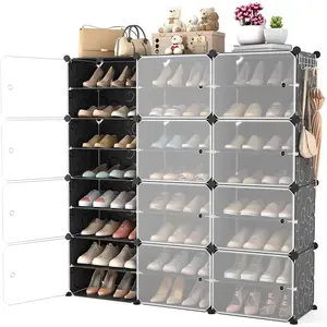 Portable Shoe Rack Organizer with Door, 48 Pairs Shoe Storage Cabinet Easy Assembly, Plastic Adjustable Shoe Organizer Stackable Detachable Free Standing Shoe Rack DIY Expandable 8 Tier Black