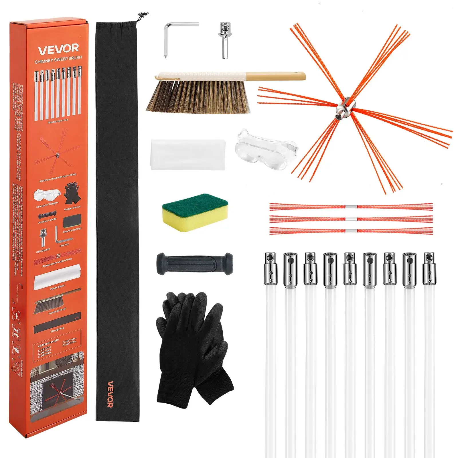 【Summerfinds】VEVOR Chimney Sweep Kit,30 ft Maximum Extendable Length Chimney SweepChimneys Cleaning Kit with Bristle Replacements & Goggles90° Bendable Fireplace Cleaning Toolfor SquareRectangle Chimneys
