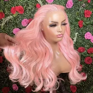 13x4 Big Lace Area Free Part Synthetic Lace Front Wig 24Inch Body Wave Light Pink Heat Resistant Gluelss Fiber Lace Front Wigs For Women Long Wave Replacement Lace Wigs Party&Any Occasions
