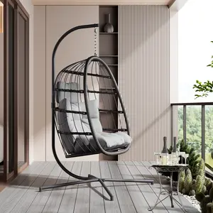 FREDEES Egg Swing Chair with Stand- 350lbs Capacity，Indoor/Outdoor Wicker Rattan，with Beige Cushion for Patio/Porch/Balcon/Indoor，Hanging Basket or Hammock Chair Furniture Lounge