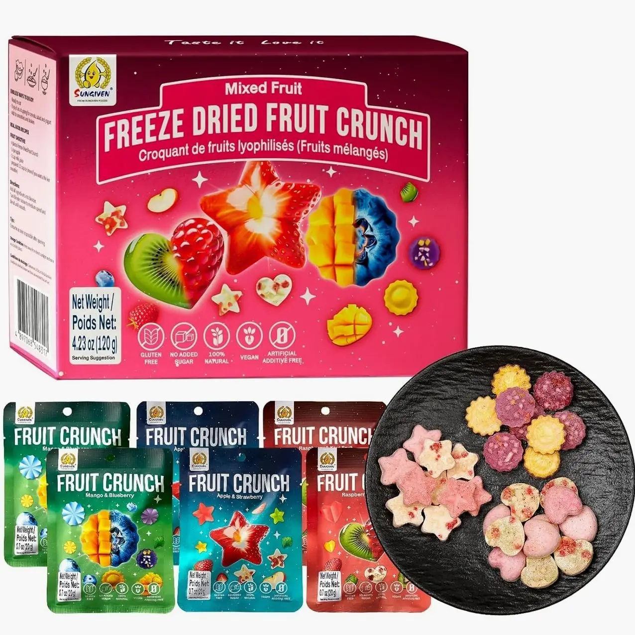 SUNGIVEN Freeze Dried Fruit Crisps Crunch Mixed Fruit 6 Packs Gluten Free Made with Fruit Vegan Healthy Snacks Ready to Eat for Yogurt Dessert