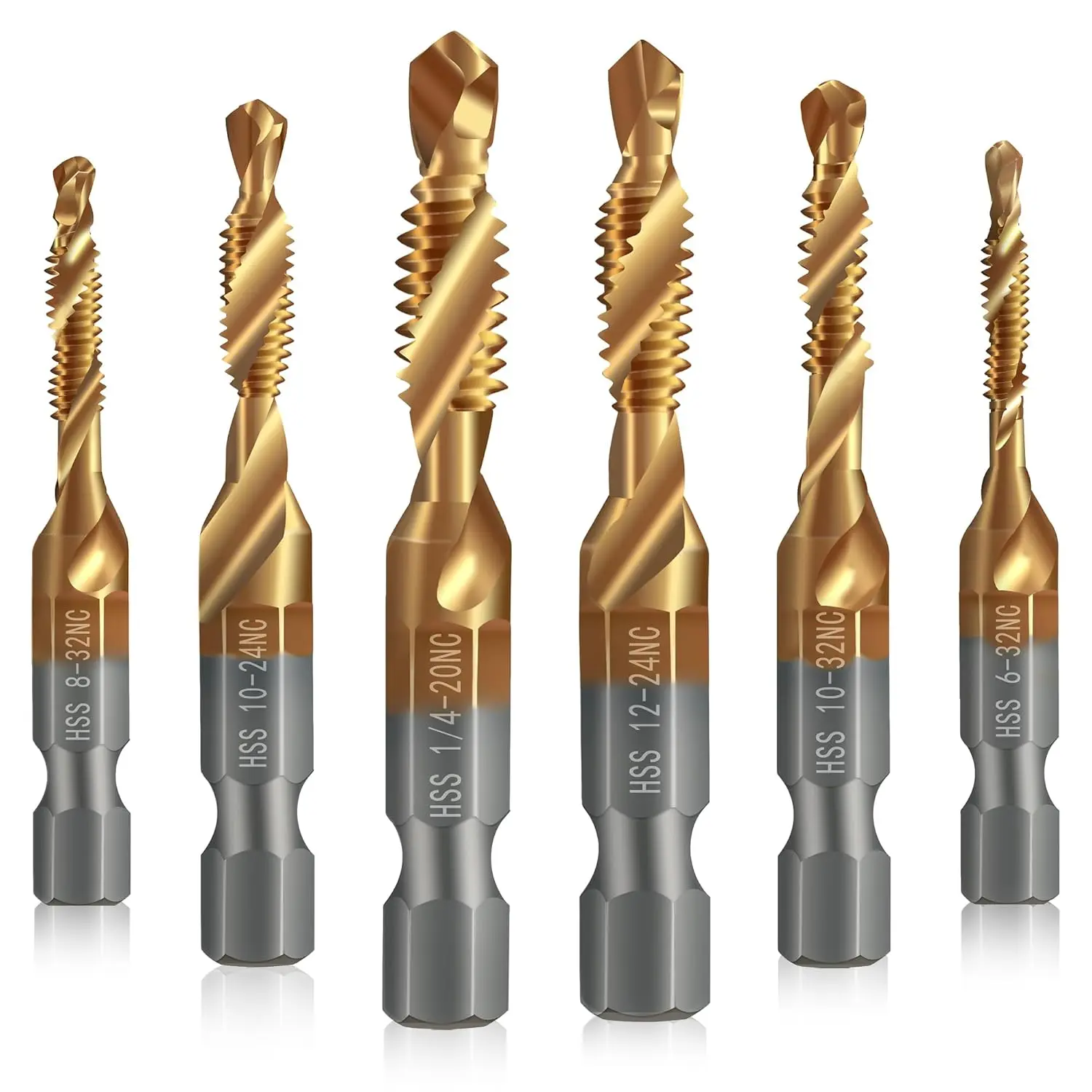 6 Pack Combination Drill and Tap Set, Professional HSS Titanium Thread Tap Drill Bit Set in SAE 6-32nc 8-32nc 10-32nc 10-24nc 12-24nc 1/4-20nc, Quick Change Screw Tapping with 1/4" Hex Shank