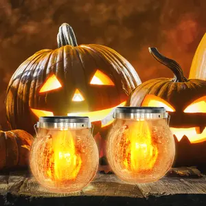 Mason jar Solar Lantern Outdoor Lights, Dancing Flame Solar Lantern Outdoor Lights Waterproof, Hemp Rope Hanging Flame Lanterns for Garden Yard Decorations Halloween Decor TikTokShopBlackFriday
