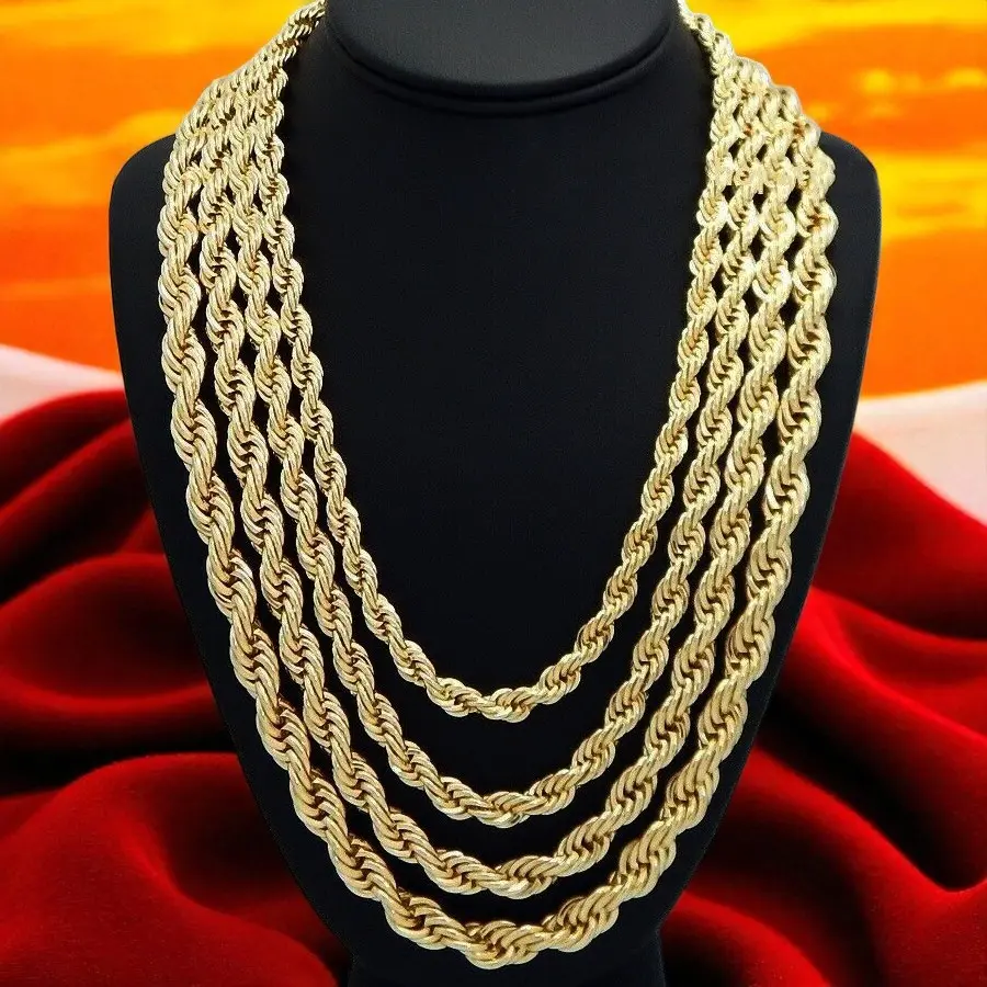MaxBling81 14K Stamped Multi-Size Gold-Plated Brass Rope Chain Necklace, 3mm-10mm Premium Quality Hip Hop Jewelry Accessory for Daily Wear, Unisex Men’s Women’s Fashion Accessory