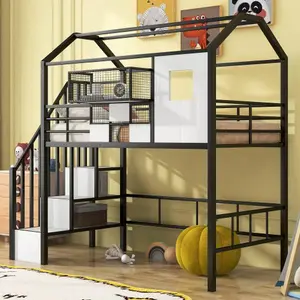 Bellemave Metal Loft Bed with Roof Design and Storage Box Twin Size Sturdy Frame Integrated Ladder Full-Length Guardrails Secure Slats