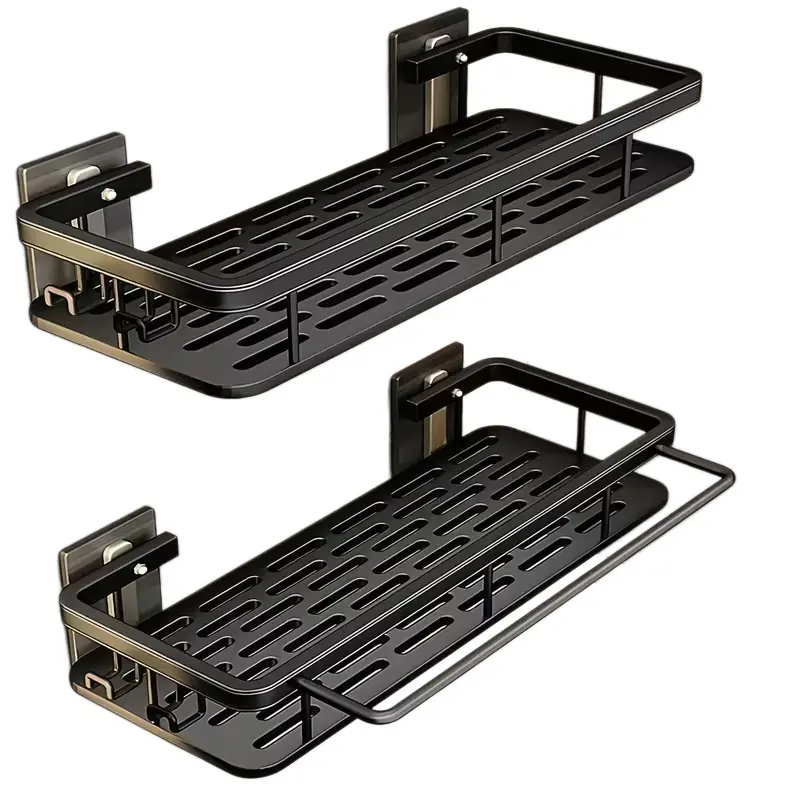 Shower Caddy Adhesive 2-Pack with Hooks and Rod for Towels,  Premium Bathroom Shower Shelves, Shampoo Organizer, Bathtub Shelf, Rustproof, Easy Installation, Sturdy Modern Look