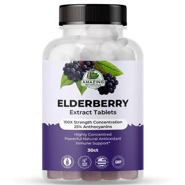 Amazing Botanicals Organic 100X Concentrated Natural Elderberry Extract Tablets, Edible Dietary & Fitness Supplement for Immunity Boost & Wellness - 30ct