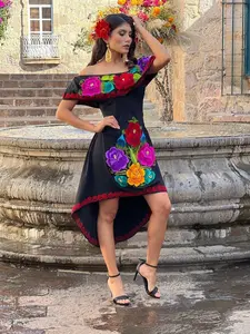 Mexican Asymmetrical Dress, Floral Embroidered Dress, Traditional Mexican Dress, Artisanal Mexican Party Dress, Women's Dress, Party Dress, Gift for Her