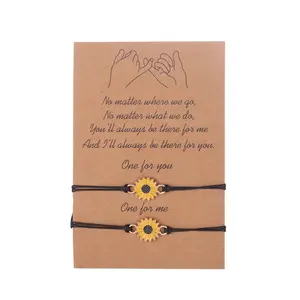 2 Pcs Sunflower Couple Bracelets Set, Adjustable Black Cord Sunflower Bracelets for Women, Friendship Promise Bracelets with Greeting Card