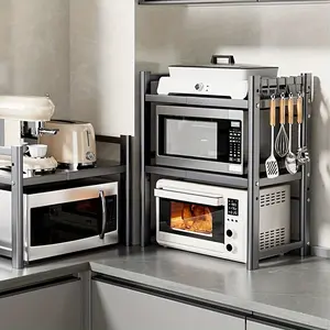 1pc Telescopic Microwave Oven Rack - Kitchen Countertop 3 Tier Rack, Telescopic Oven Stove Storage Rack, Rice Cooker Oven Storage Rack, Space Saving Countertop Storage Rack, Microwave Oven Rack, Spice Rack - Stainless Steel - For All Kitchen Types - Ideal