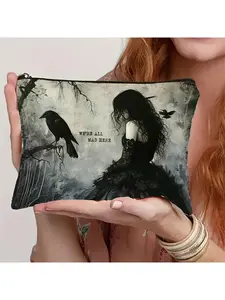 1pc Gothic Fairy Tale Makeup Bag, Makeup Pouch - Mysterious Crow & Moonlit Forest Illustration, Durable Zipper Closure Multi-Purpose Travel Organizer for Cosmetics, Pencils, Snacks - Gift for Adults, Unisex Fantasy Accessories