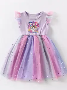Girls' Summer Dress 4-7 Years, Short Sleeve Casual Sparkle Mesh Skirt, Sparkly Dress, popular and fashion k-pop girls print, kids clothes, gift for girls, Stylish Holiday Outfits for Kids Spring Break summervibes