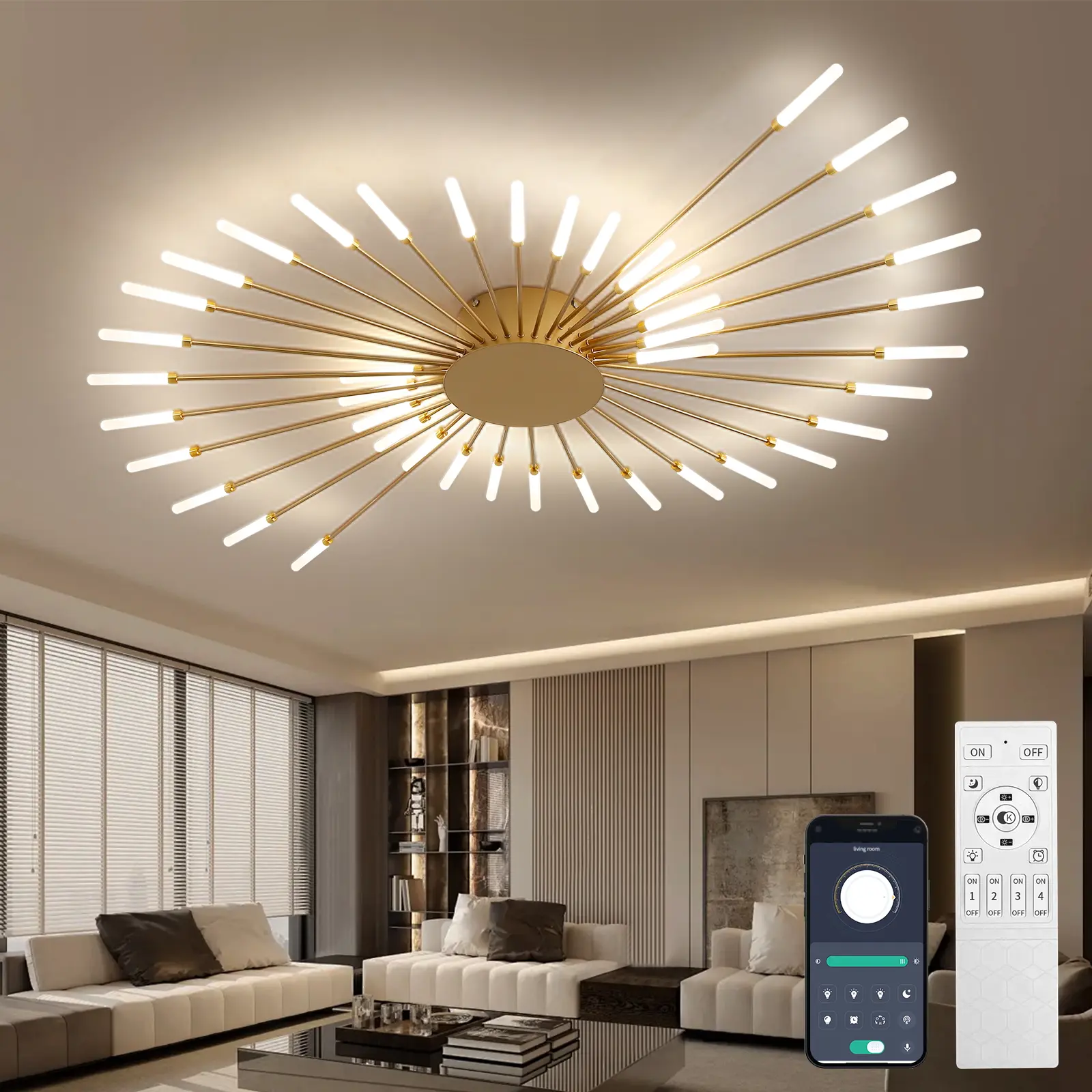 50" Large Modern Sputnik Flush Mount Brass Starburst Lamp - 42-Lights, APP Smart Control, 3000-6500K Stepless Dimmable Color LED, Modern Home Decor, Aesthetic Tech Decorative Accent Glamorous Ceiling Lighting for Large Luxury Home Rooms