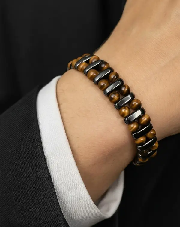 Tiger's Eye Bracelet - Natural Tiger's Eye & Hematite Gemstone, Adjustable 7-8 In, Elegant Boho Style Fashion Accessory for Men, Tigers Eye Bracelet
