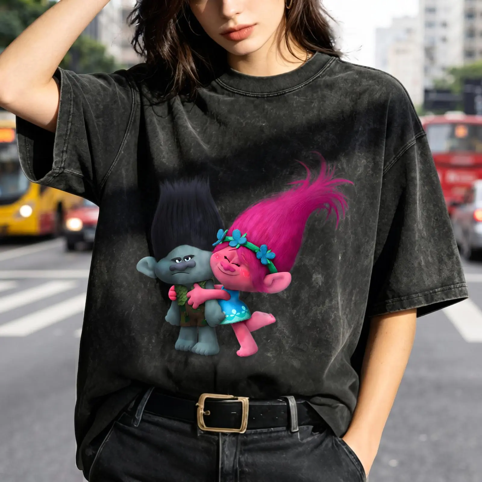 Troll Dolls Print Women's Vintage Washed T-Shirt Troll Characters Hugging Together Oversized Graphic Tee Outdoor Casual Short Sleeve