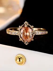 Classic retro court pattern brown synthetic zirconia golden yellow women's ring Classic versatile jewellery for women and girls Luxurious women's wedding ring Vintage Rings Wedding Promise Rings