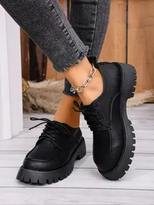 Fashionable Durable Lace-Up Shoes, Thick Solid Color Design, Comfortable for All Occasions, Perfect Daily Wear Footwear