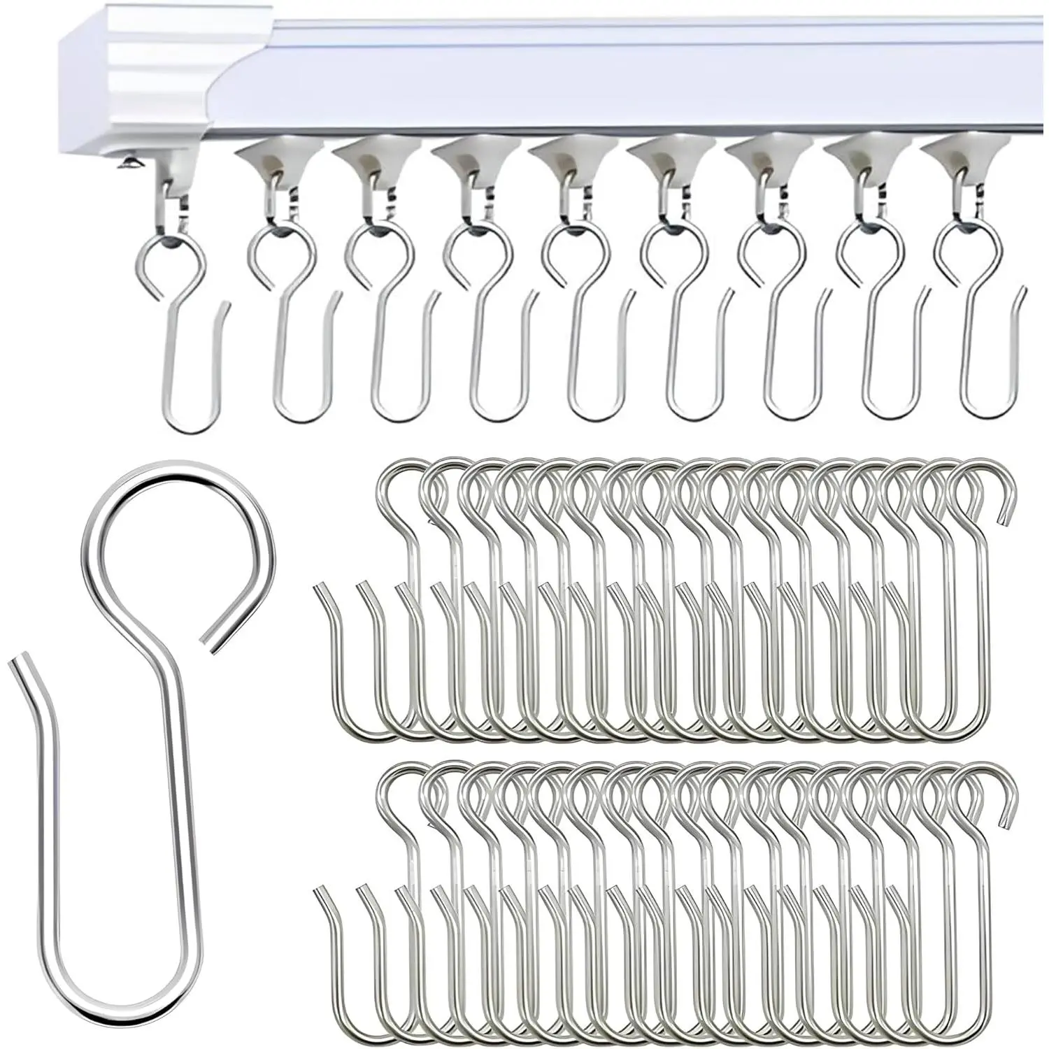 Iron Curtain Track Hooks, S-Shape, Set of 60, Heavy-Duty Metal Ceiling Curtain Track Hooks for Track Systems, Rust-Resistant Curtain Hooks for Ceiling Track, Home, Office, and Outdoor Use