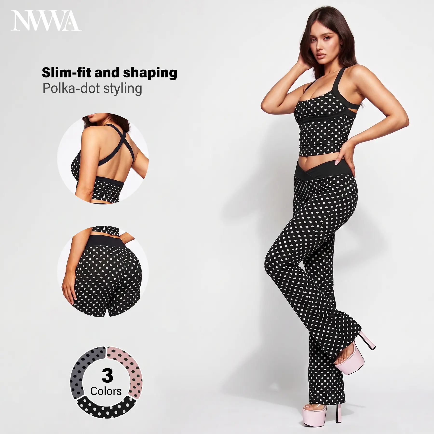 NVWA Matching Sets Women Polka Dot Halter Crop Top and Flare Pants 2 Piece Outfits Backless Criss Cross Bodycon Slim Fit Going Out Set High Waist Bell Bottom Trousers Y2K Party Club Wear Casual Outfit