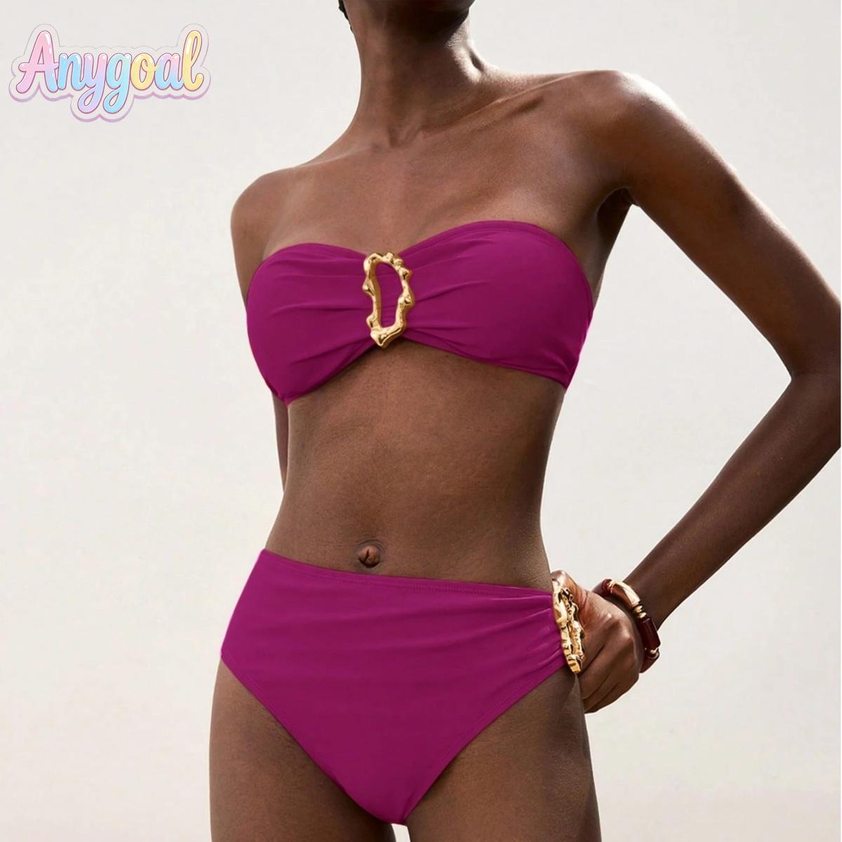 ANYGOAL Women Bandeau High Waisted Bikini Sets Smocked Swimsuit Strapless Two Piece swimsuits 2 piece affordable swimsuits swimsuit women summer swimwear bikini swimsuit set bathing suits 2026