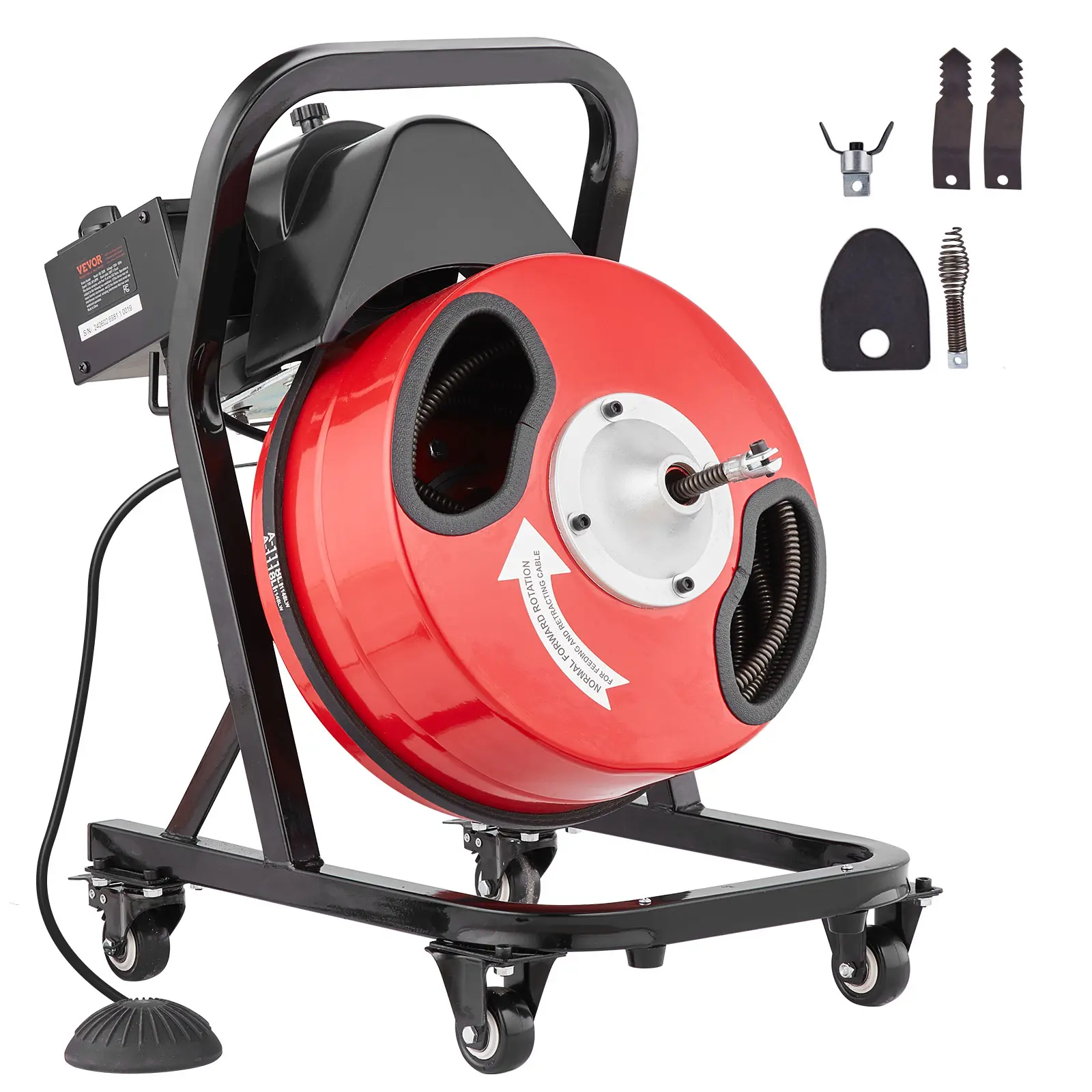 【summerfinds】VEVOR Drain Cleaner Machine 50FT x 1/2 Inch, Manual Feed Sewer Snake Auger - with Wheels, 4 Cutters & Air-activated Foot Switch for 2" to 4" Pipes