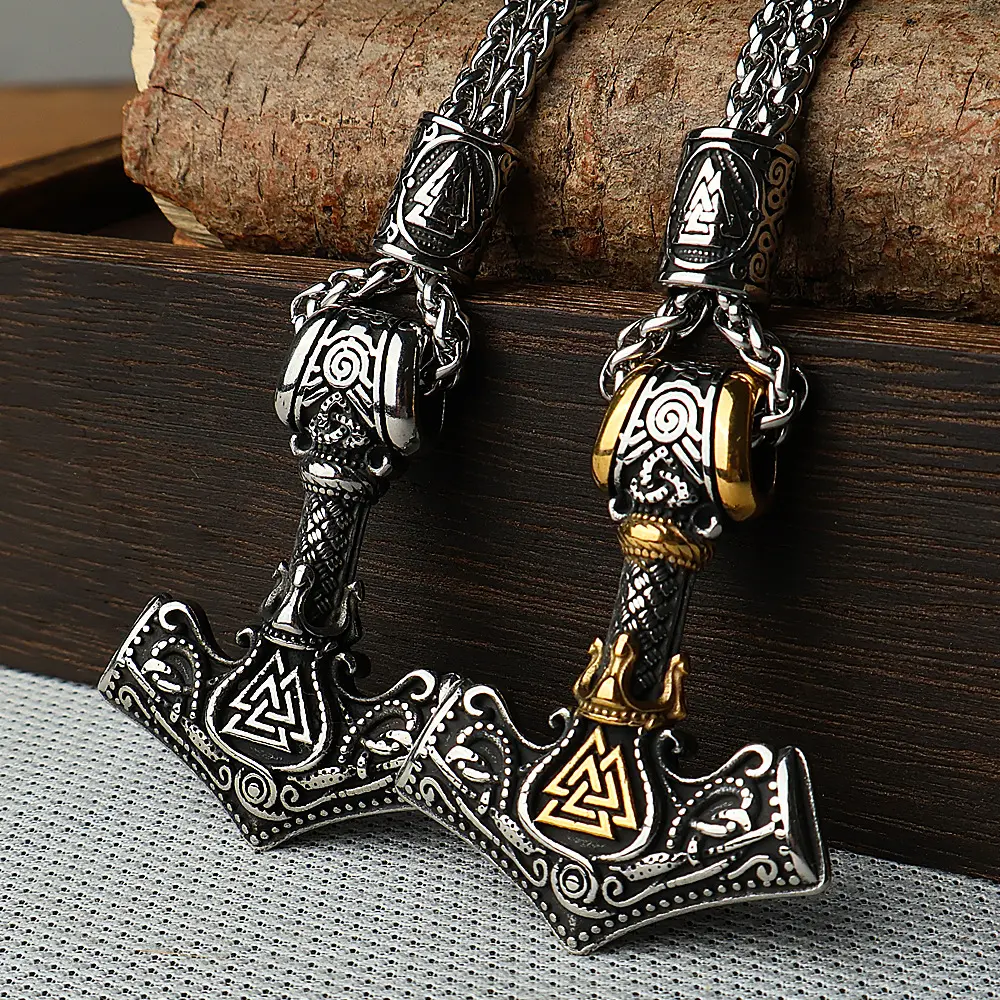 Men's Viking Pendant Necklace with Thor's Hammer, Gold Plated Titanium Steel Byzantine Link Chain, Retro Gothic Exquisite Jewelry Gift, Gold Plated Jewelry, Cuban Link Necklace, Casual, Viking Hammer, Daily Wear, Unisex Names