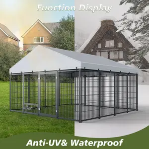 9.62'L x 9.35'W x 6.18'H, Outdoor Dog Kennel with Roof, Large Dog Kennel with Rotating Feeding Door and Double Lock, Heavy-Duty Durable Dog Fence Cage Spacious Dog Enclosure for Backyard Farm