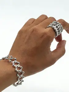 Unisex Stainless Steel Adjustable Ring Bracelet Set, Couple Finger Rings & Hand Cuffs, Versatile Deformation Jewelry Accessory