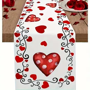 Valentine's Day Table Runner - Polyester Red Heart & Polka Dot Design Rectangle Woven Machine Washable Fade Resistant for Wedding Party Decorations
