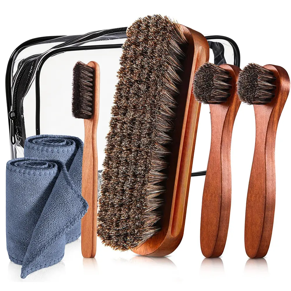 7PCS Horsehair Shine Shoes Brush Kit Polish Dauber Applicators Cleaning Leather Shoes Boots Care Brushes Suede Cleaner Brush with Microfiber Shoe Cloth