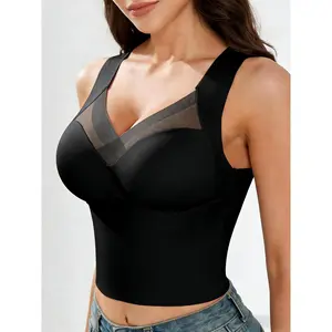 EssElegance Women's Luxury Seamless Longline Bra | Sophisticated Mesh Plunge V-Neck Wirefree Bralette | Premium Smoothing Shapewear Crop Top with Built-In Support | Elegant Wide Strap Push Up Everyday Camisole | Invisible High-End Basics