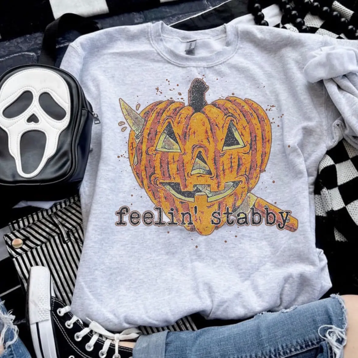 Halloween Feelin Stabby Sweatshirt , Ash Grey Sublimation Polyester Jersey Clothing, Women's Sweatshirt