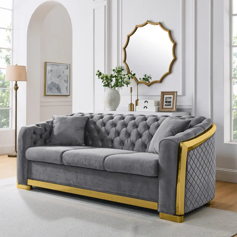 European Style Luxury Chesterfield 3-Seat Velvet Sofa Combo Item, 84in Tufted Back Rolled Arms Living Room Couch, Tool-Free Setup, Gold Stainless Steel-Wood Frame, Grey Fabric, 81.1x33.5x31.9in, 84 Inches, High-End Golden Stainless Steel Design, 81.10 X 3