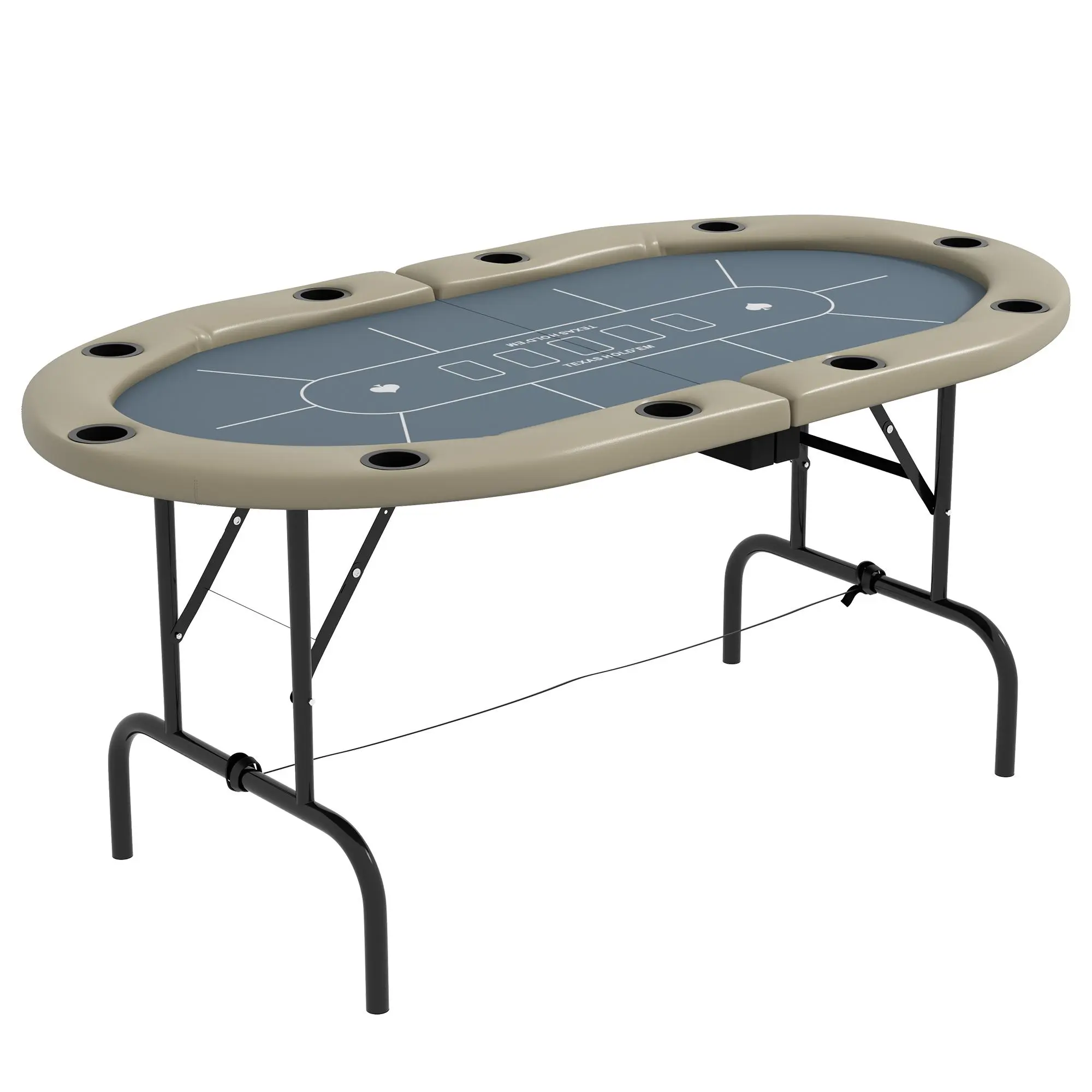 Soozier 70" Oval Felt Game Table (70" l x 35" w x 27.5" h) - Blue & Brown, 8-Player Capacity with Cup Holders, Foldable for Easy Storage, Ideal for Blackjack, Texas Holdem, Card Games for Families, Oval Shape, Cards Game, Drinking Card Games