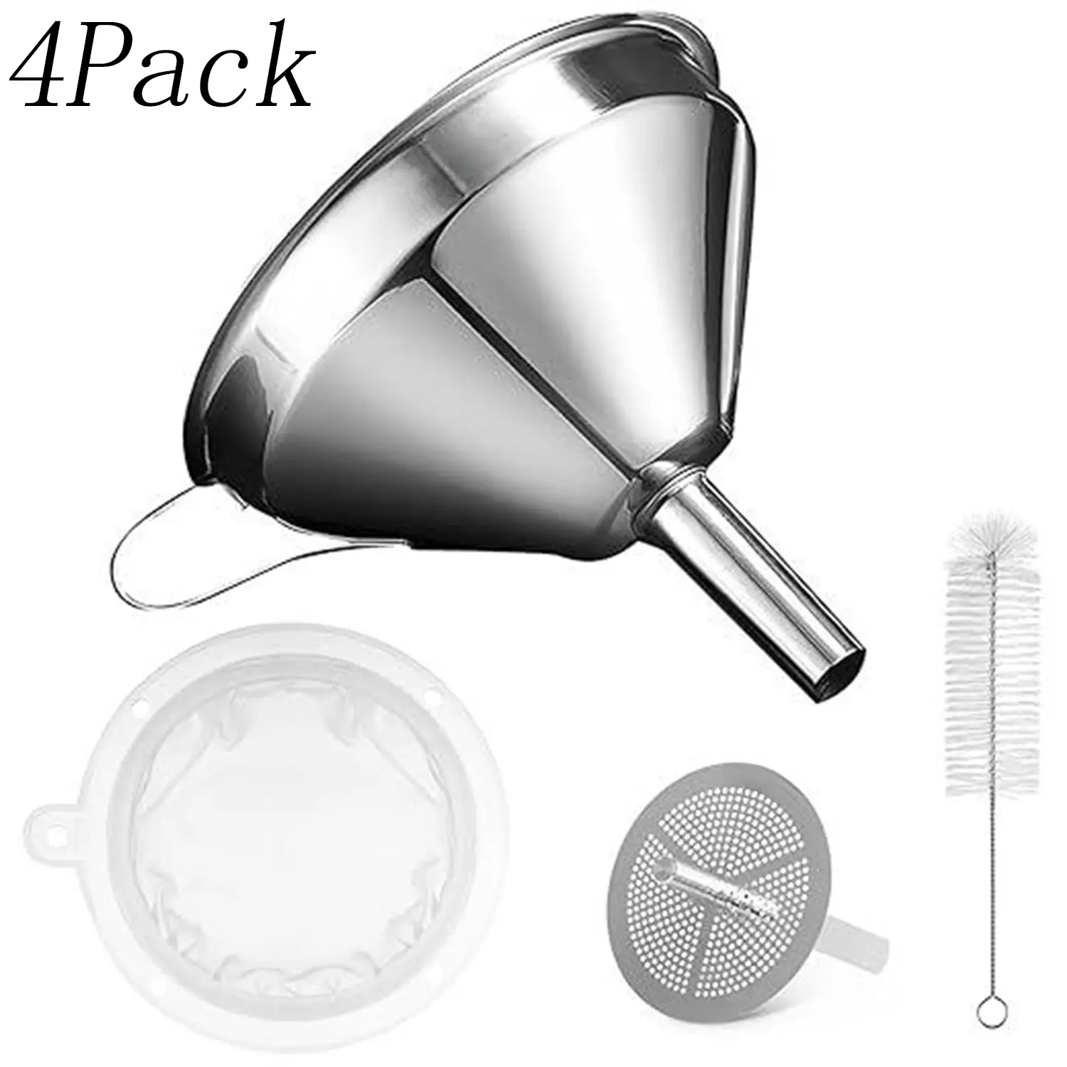 4-Pack Sturdy 5.12 in Food Grade Stainless Steel Kitchen Funnels, 200-Mesh Filter Strainer Included, Reusable Bottle-Filling Tool for Fryer Oil, Juice
