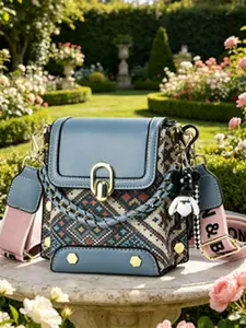 Sweet Style Patchwork Argyle Crossbody Bag, High-End Lock Clasp Shoulder Bag, Versatile Women's Handbag with Keychain Gift