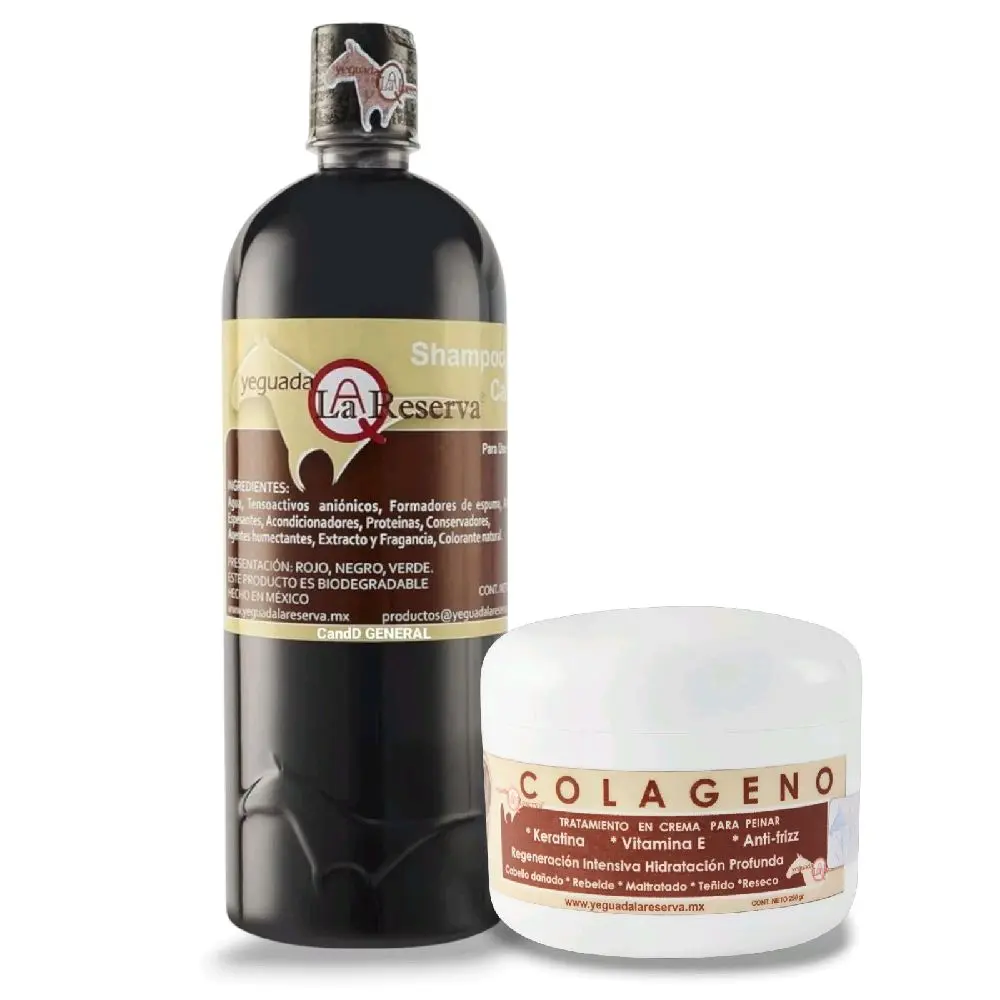Yeguada 2-Piece Haircare Bundle - Collagen + Fragrance-Free All Natural Shampoo Caballo Negro 1L for Dark to Black Hair, Made in Mexico, Alcohol-Free