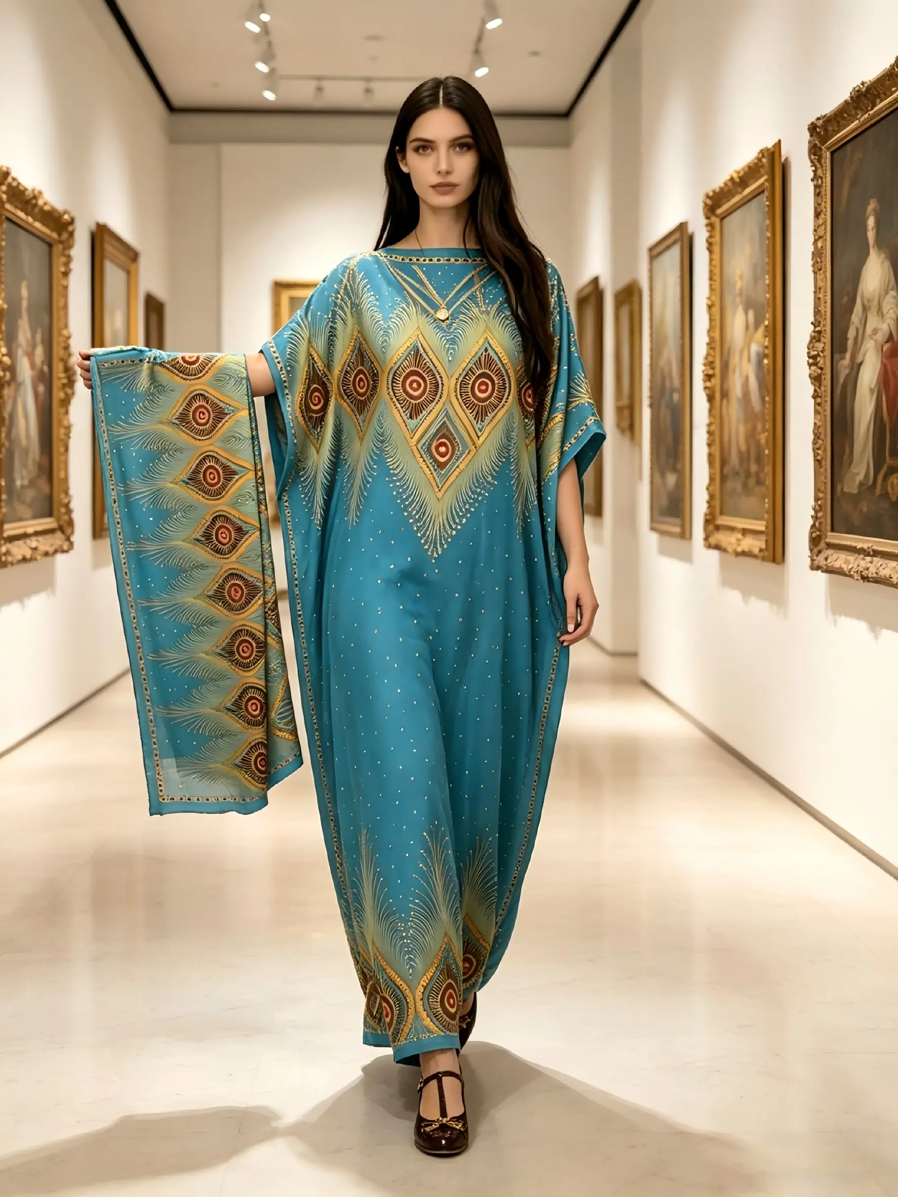 1 robe + 1 scarf, Lake Blue Peacock Feather Print Bohemian Boho Printed Dress Matching Robe Set, Plus Size Boat Neck Loose Flattering Long-Length 1 Robe + 1 Scarf Exotic Luxury Resort Style Boho Summer Holiday Long Dress Casual Wear Womenswear