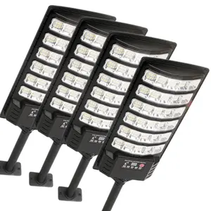 Set of 4 solar street lights; outdoor lighting fixtures that provide illumination from dusk to dawn; IP66 waterproof solar parking lot lights equipped with a remote control; plus safety lights with a color temperature of 6500K and adjustable brightness.