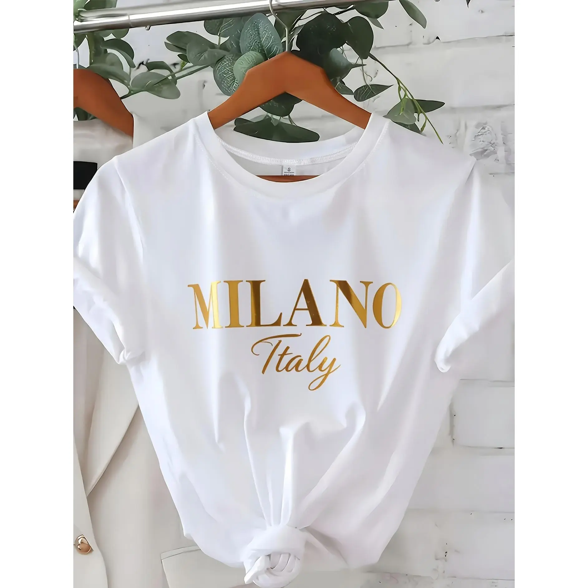 Women's Sports T-Shirt, Minimalist Casual Short-Sleeve Top with Modern Milano Gold Graphic Letter Print, Shortsleeve, Women's Clothes
