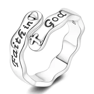 MULA 925 Sterling Silver Cross Ring for Women, Adjustable Open Wave Band Christian Jewelry with Inspirational Scripture Blessing, Mother’s Day Baptism Confirmation Gift with Letters (Cross Symbol Rings)