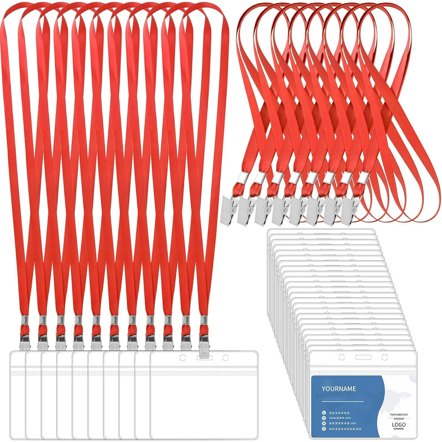 100 count Lanyards for ID Badges and 100 count Clear Name Tag Holders  Lanyard with Clip Plastic ID Card Badge Holder Name Badges for Adults  Business School Office Supplies (Red)
