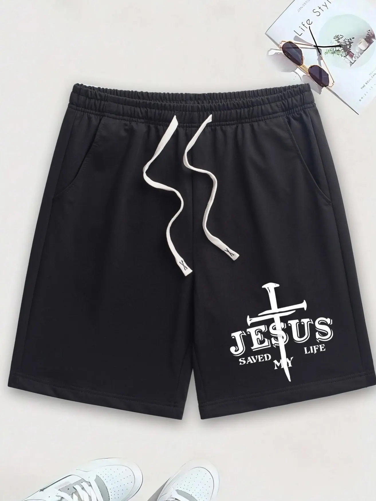 Men's Christian Graphic Shorts with Bold Jesus Saved My Life Print, Quick Dry Athletic Fabric, Drawstring Waist and Pockets for Gym & Running, Bold Text Men's Shorts, Mythological And Religious Print Men's Shorts